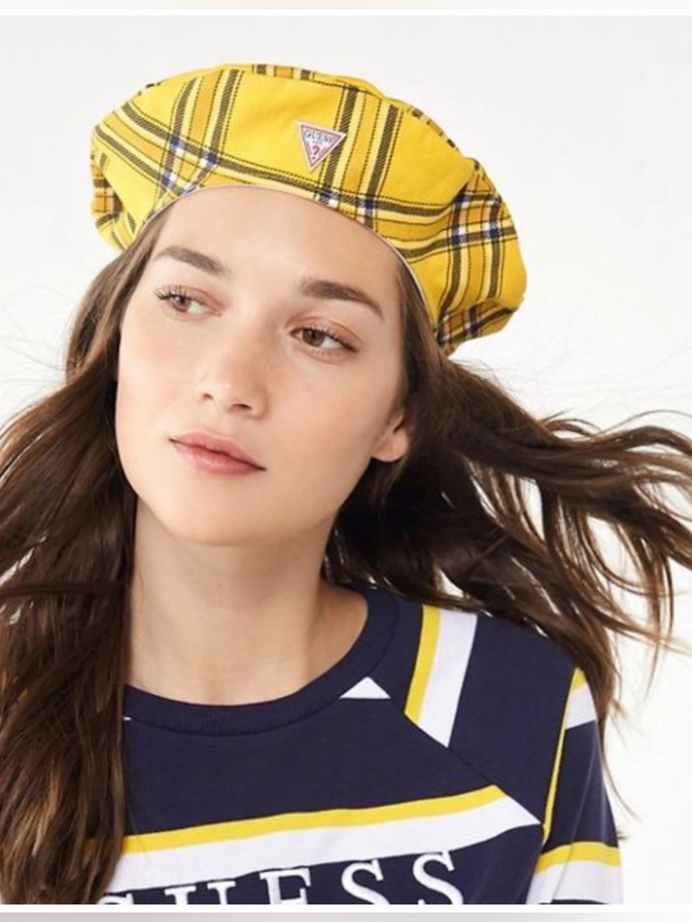 Guess Women Beret Yellow Plaid Beret Hat %100 Cotton One Size